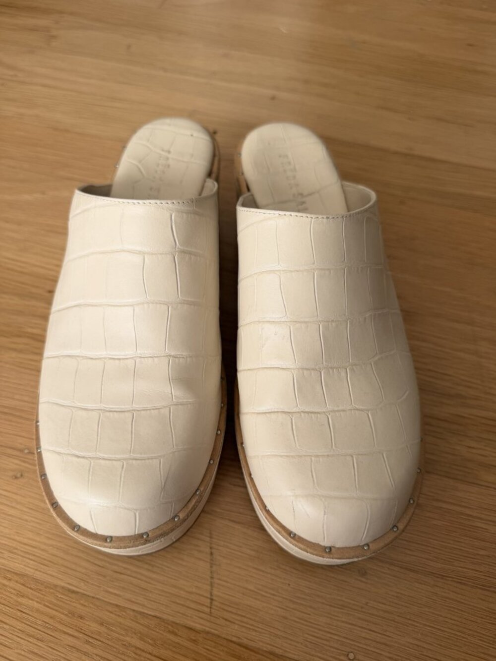 Freda Salvador Cream Croc Embossed Studded Platform Mule Clogs